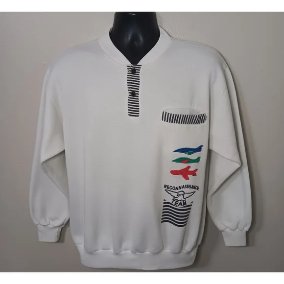 Vintage 80s Reconnaissance Team Adult Large Sweatshirt 1/2 Button White Long Sle - Picture 1 of 8